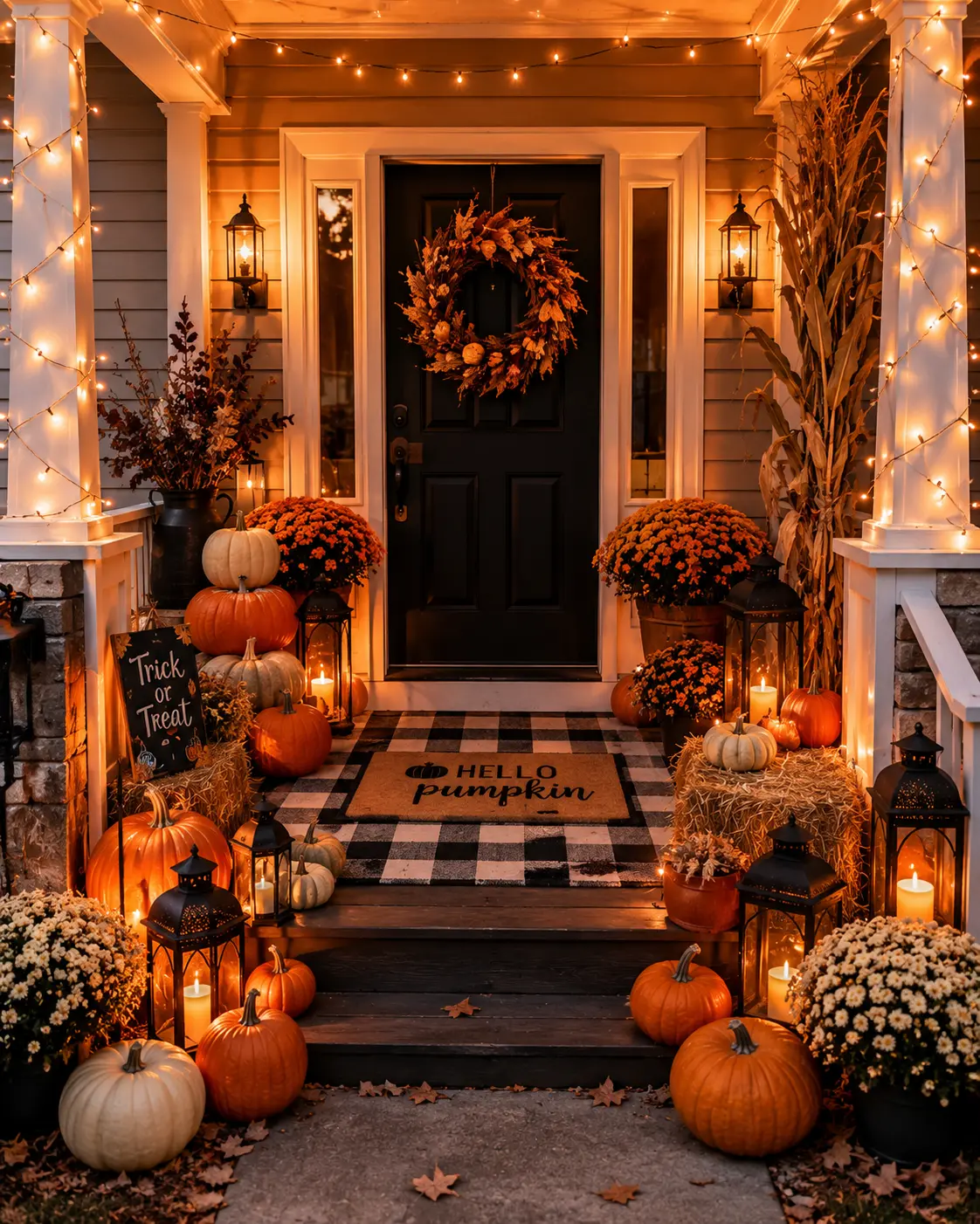Cozy autumn porch with pumpkins and lights