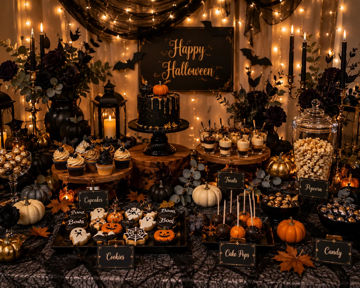 Glamorous Halloween dessert table display