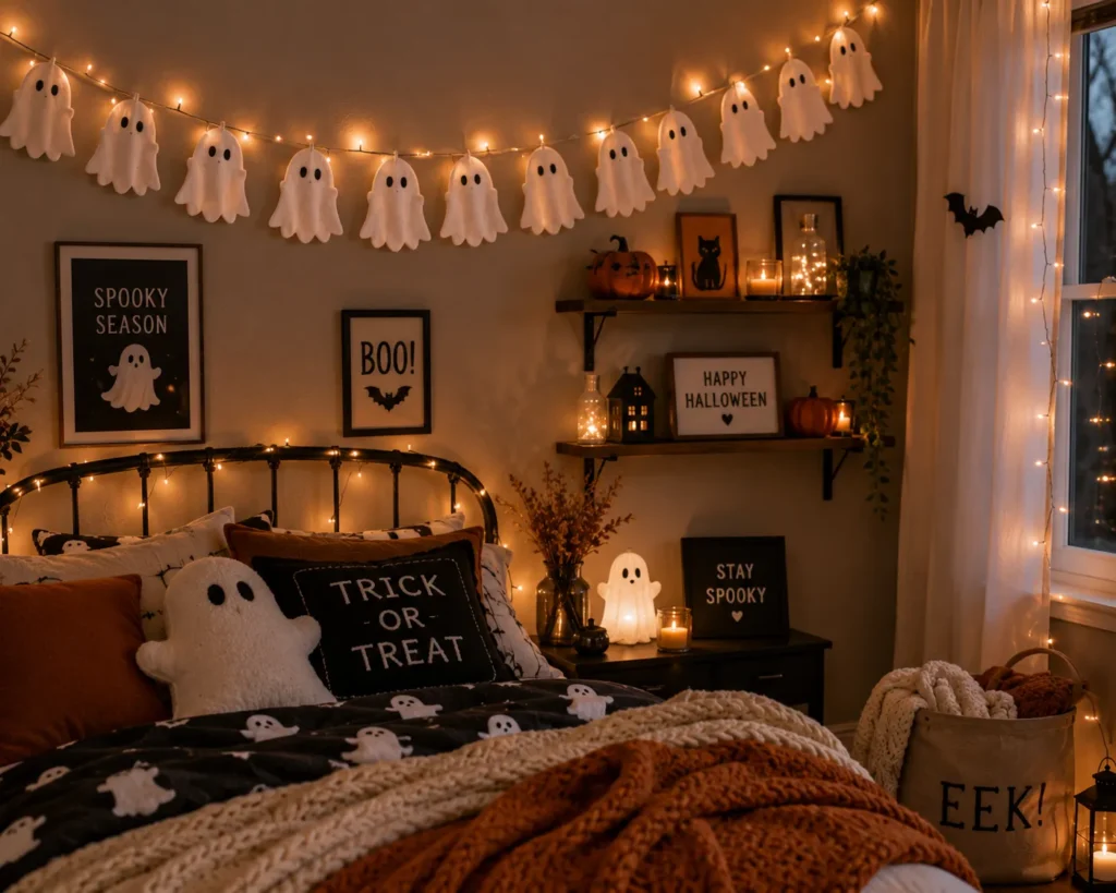 Halloween bedroom decor with fairy lights