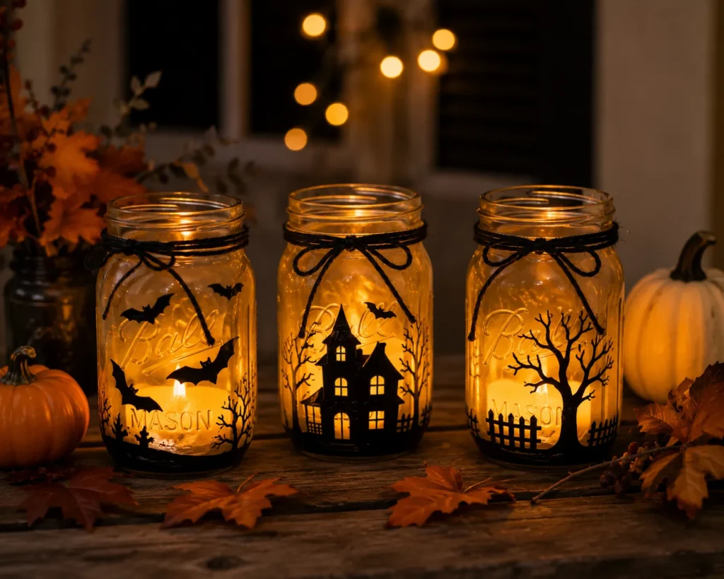 Halloween mason jar lanterns on wood