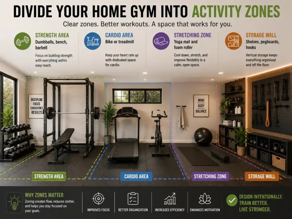 Organized home gym zones layout