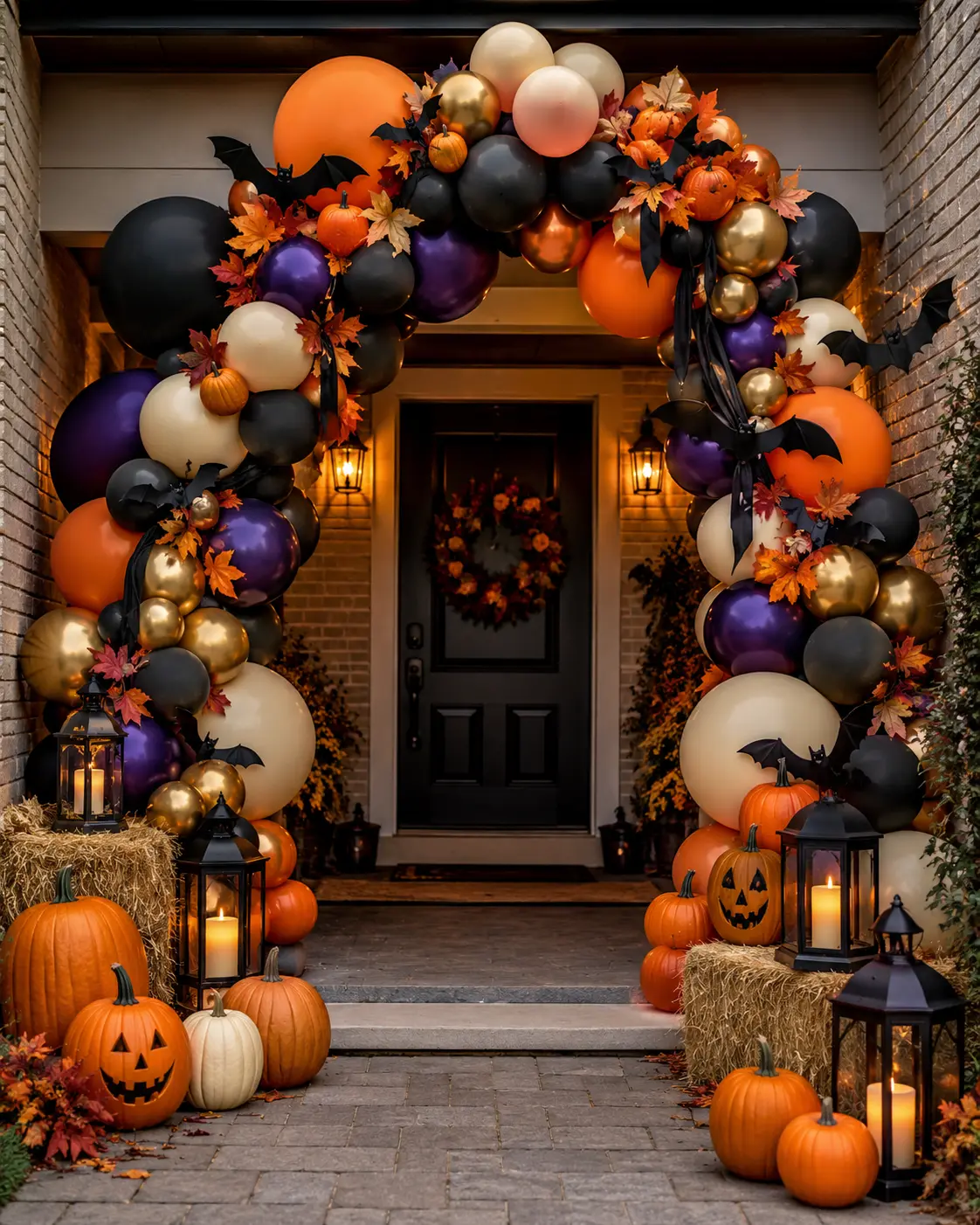 Spooky Halloween porch decorations at night