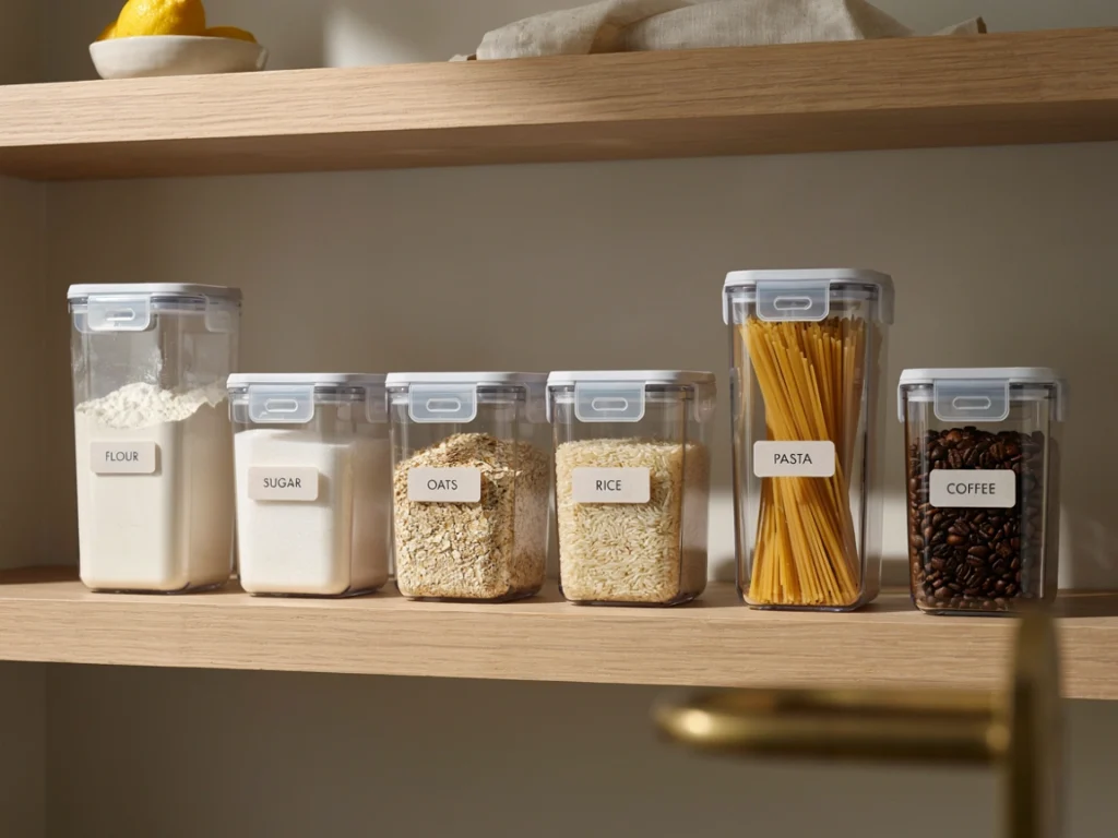 Clear airtight containers storing flour, rice, pasta, and cereal.