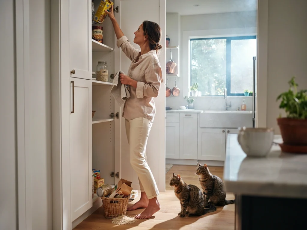 Decluttering kitchen pantry before organizing food storage.