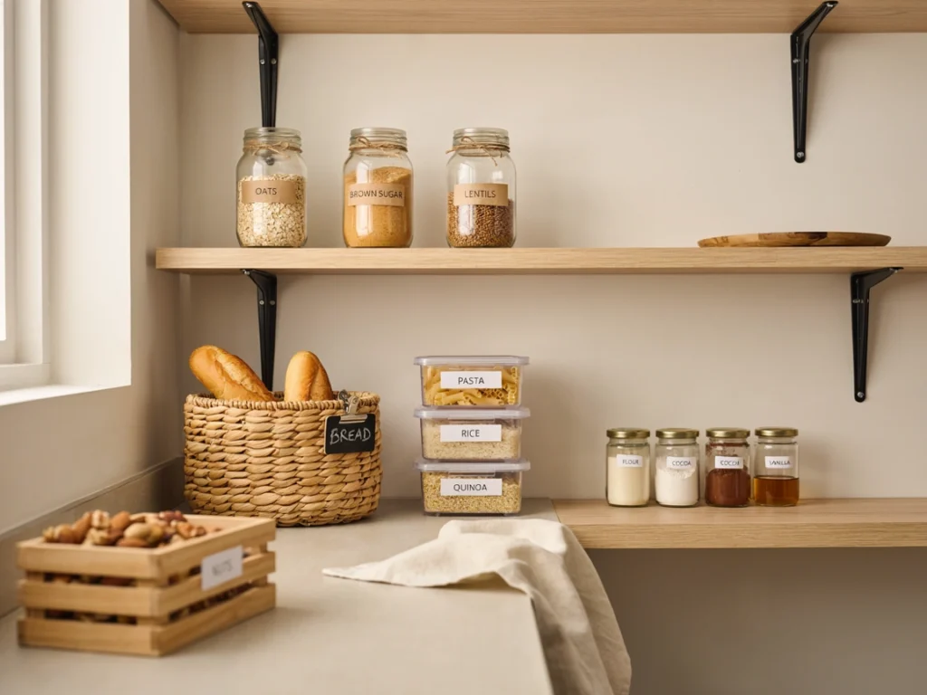 Elegant pantry labels on glass storage jars.