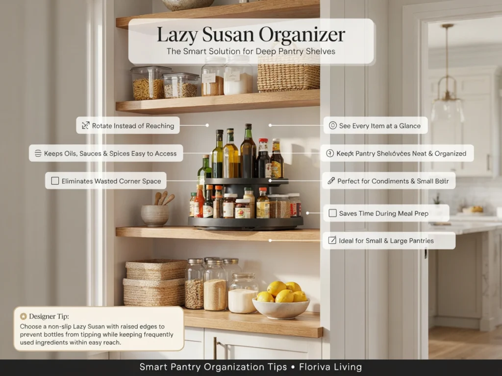 Lazy Susan organizer for oils and condiments in a pantry corner.