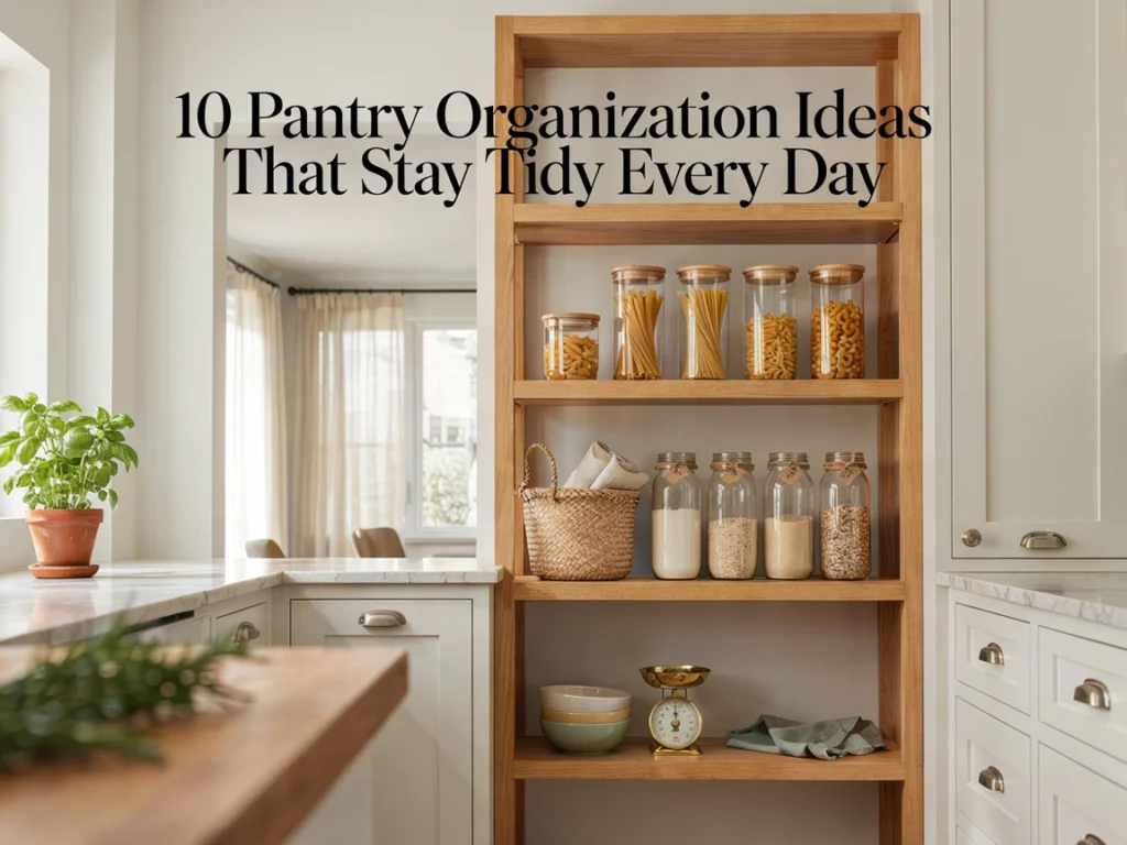 Modern organized pantry with clear airtight food containers and labeled shelves.