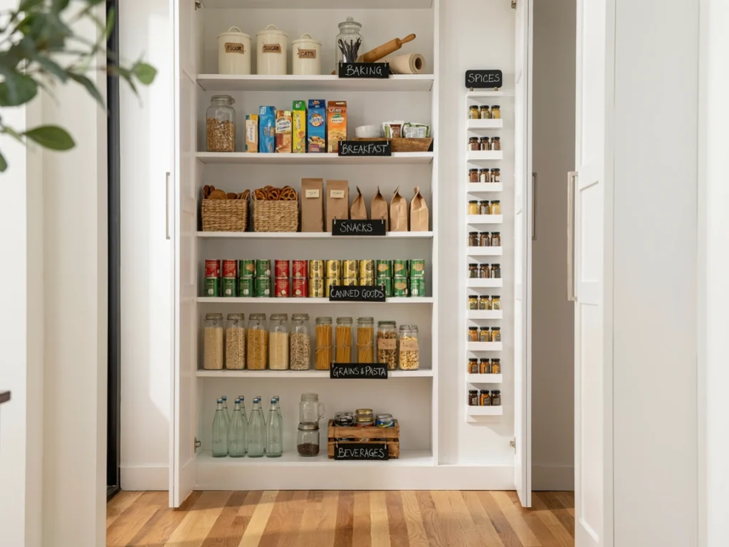Pantry organized into baking, snack, canned food, and breakfast zones.