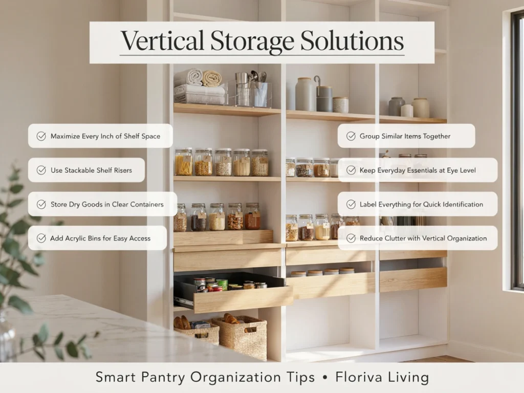 Vertical pantry storage using shelf risers and stackable organizers.