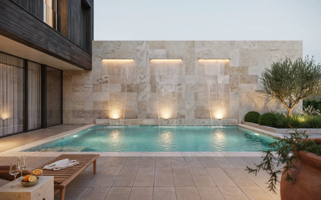 Contemporary Pool with a Water Feature Wall