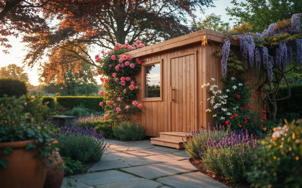 Outdoor Wooden Sauna Covered with Flowers